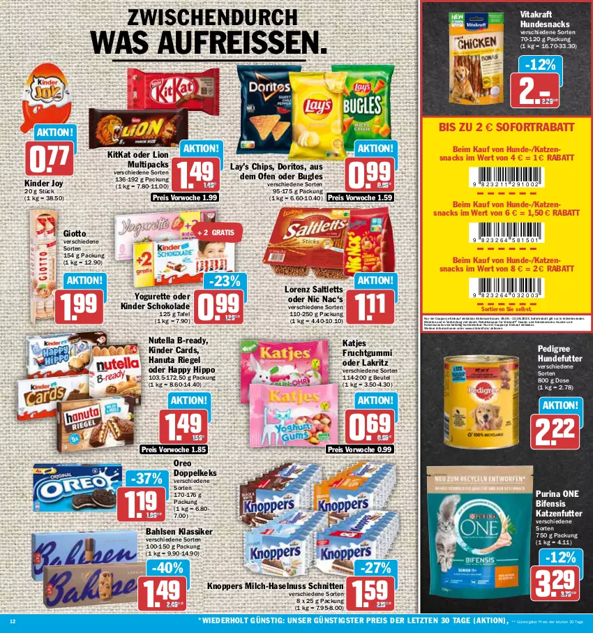 Aktueller Prospekt Aez - Prospekte - von 05.06 bis 10.06.2023 - strona 12 - produkty: bahlsen, beutel, bugles, chips, coupon, Doritos, eis, frucht, fruchtgummi, giotto, hanuta, haselnuss, hipp, hundesnack, hundesnacks, katjes, katzenfutter, katzensnack, katzensnacks, keks, Kinder, kinder schokolade, kitkat, knoppers, kraft, Lakritz, lion, lorenz, milch, nuss, nutella, oder lakritz, Ofen, oreo, pedigree, purina, reis, reiss, riegel, saltletts, schnitten, schoko, schokolade, snack, snacks, sofortrabatt, Ti, Tiere, vita, vitakraft, Yo, yogurette, ZTE