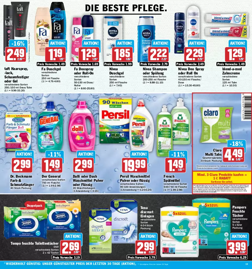 Aktueller Prospekt Aez - Prospekte - von 05.06 bis 10.06.2023 - strona 13 - produkty: bio, blend-a-med, Brei, coupon, coupons, creme, dalli, deo, deo spray, deospray, Discreet, Dr. Beckmann, duschgel, eis, erde, fa duschgel, feuchte tücher, flasche, Frosch, geschirr, gin, haarspray, lack, nivea, pampers, persil, persil waschmittel, Rauch, reis, roll-on, Roller, rwe, schaumfestiger, shampoo, shampoo oder spülung, sofortrabatt, spülmittel, spülung, Taft, Tempo, Ti, Tiere, toilettentücher, tücher, waschmittel, zahncreme, ZTE