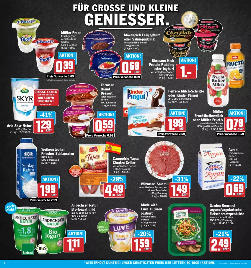 Aktueller Prospekt Aez - Prospekte - von 05.06 bis 10.06.2023 - strona 8 - produkty: andechser natur, arla, arla skyr, Ayran, Becher, bio, butter, buttermilch, campofrio, chorizo, dessert, ehrmann, Ehrmann Grand Dessert, eis, elle, feinjoghurt, ferrero, flasche, fleisch, froop, frucht, fruchtjoghurt, garden gourmet, grill, joghur, joghurt, jogurt, Kinder, kinder pingui, leine, milch, milch-schnitte, mövenpick, Müller, müller froop, natur, pingui, pudding, reis, sahne, salami, schlagrahm, Skyr, Tapas, teller, Ti, Vegeta, weihenstephan, wiltmann, ZTE