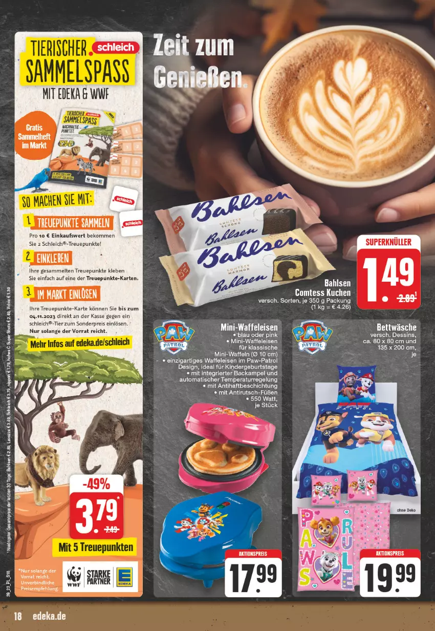 Aktueller Prospekt Edeka - Angebote der Woche - von 25.09 bis 30.09.2023 - strona 18 - produkty: auto, bahlsen, beko, bett, bettwäsche, comtess, comtess kuchen, deka, eis, Kinder, kuchen, lavazza, lion, nippon, reis, Schleich, Ti, tisch, Waffeleisen, waffeln, ZTE