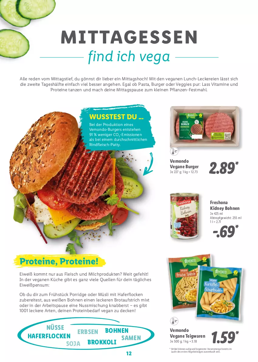 Aktueller Prospekt Lidl - Vegan Magazin - von 02.01 bis 05.02.2023 - strona 12 - produkty: angebot, aufstrich, bohne, bohnen, brokkoli, brot, brotaufstrich, burger, decke, eis, elle, erbsen, fleisch, hafer, haferflocken, HP, kidney, kidney bohnen, küche, leine, mac, milch, müsli, nuss, pasta, pflanze, pflanzen, porridge, rind, rindfleisch, soja, teigwaren, Ti, veggie, vita, Vitamine, ZTE