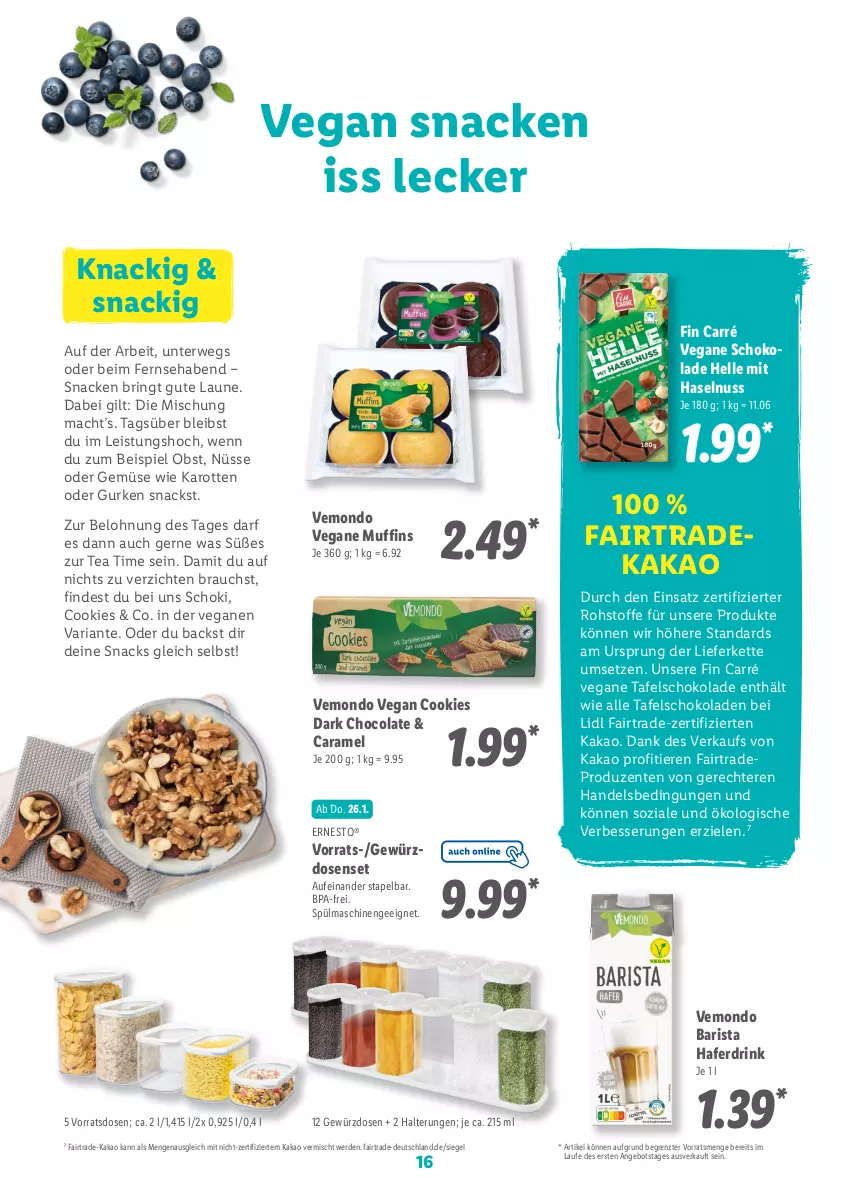 Aktueller Prospekt Lidl - Vegan Magazin - von 02.01 bis 05.02.2023 - strona 16 - produkty: angebot, caramel, cola, cookie, cookies, deka, drink, eis, elle, ente, erde, ernesto, gewürz, Gewürzdose, gurke, gurken, hafer, Haferdrink, haselnuss, kakao, karotten, Kette, mac, Muffin, muffins, nuss, obst, Rauch, Ria, ring, rwe, schoko, schokolade, schokoladen, snack, snacks, spülmaschinen, tafelschokolade, Ti, Tiere, ZTE