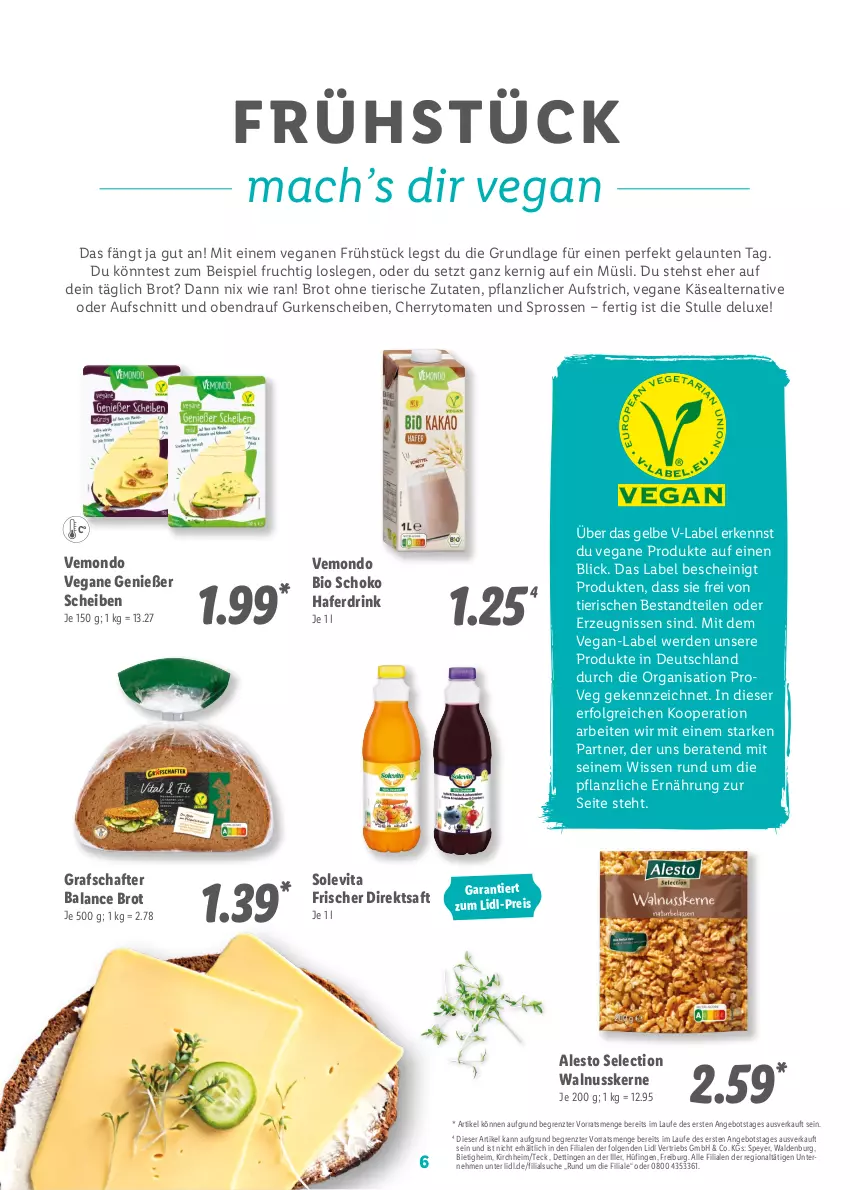 Aktueller Prospekt Lidl - Vegan Magazin - von 02.01 bis 05.02.2023 - strona 6 - produkty: alesto, angebot, aufschnitt, aufstrich, bio, brot, cherrytomaten, direktsaft, drink, eis, erde, frucht, grafschafter, gurke, gurken, hafer, Haferdrink, Käse, LG, mac, müsli, nuss, reis, saft, schoko, speyer, Ti, tomate, tomaten, vita, walnuss, walnusskerne, ZTE