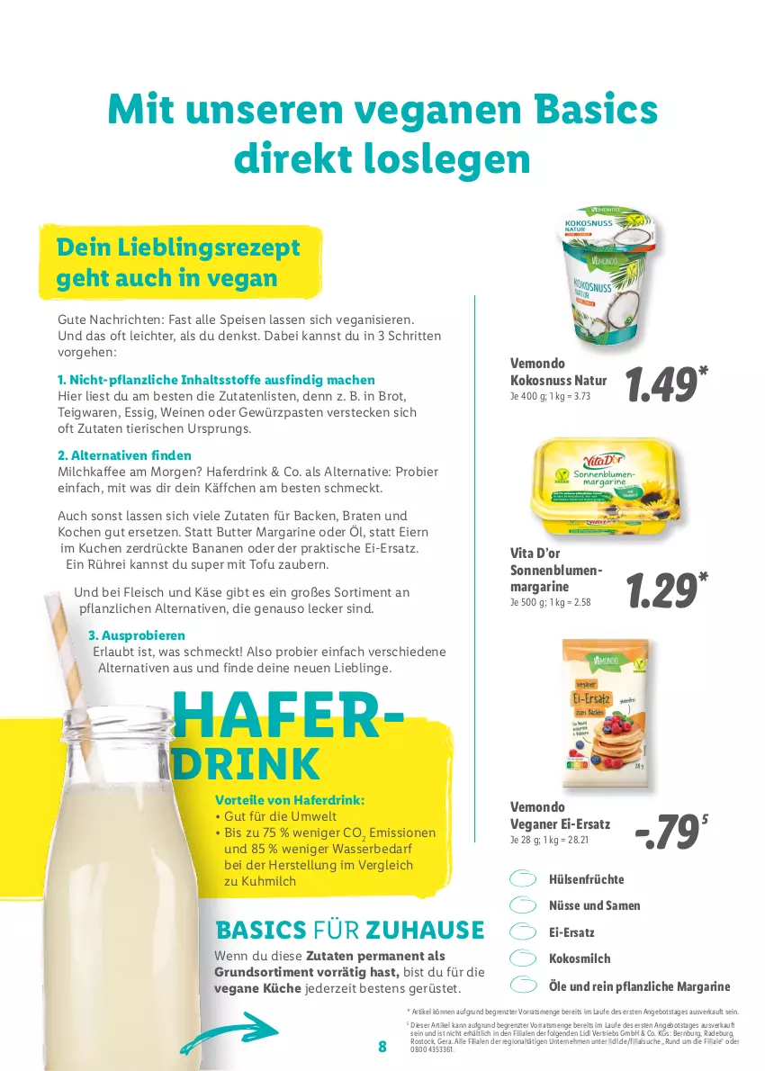 Aktueller Prospekt Lidl - Vegan Magazin - von 02.01 bis 05.02.2023 - strona 8 - produkty: angebot, banane, bananen, bier, Biere, blume, blumen, braten, brot, butter, drink, eier, eis, essig, fleisch, früchte, gewürz, hafer, Haferdrink, hülsenfrüchte, kaffee, Käse, kokos, kokosmilch, kokosnuss, küche, kuchen, LG, mac, margarine, milch, natur, nuss, rezept, senf, sonnenblume, sonnenblumen, teigwaren, Ti, tisch, Tofu, vita, wasser, wein, weine, ZTE