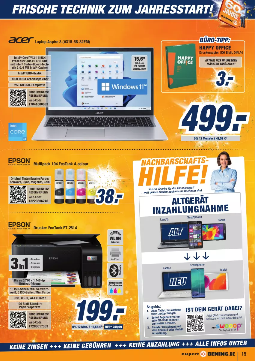 Aktueller Prospekt Expert Aurich - Prospekte - von 01.01 bis 07.01.2022 - strona 15 - produkty: angebot, din a4, drucker, festplatte, flasche, gin, Intel, Laptop, latte, office, papier, ring, Scanner, smartphone, ssd, tablet, Ti, uhd, usb