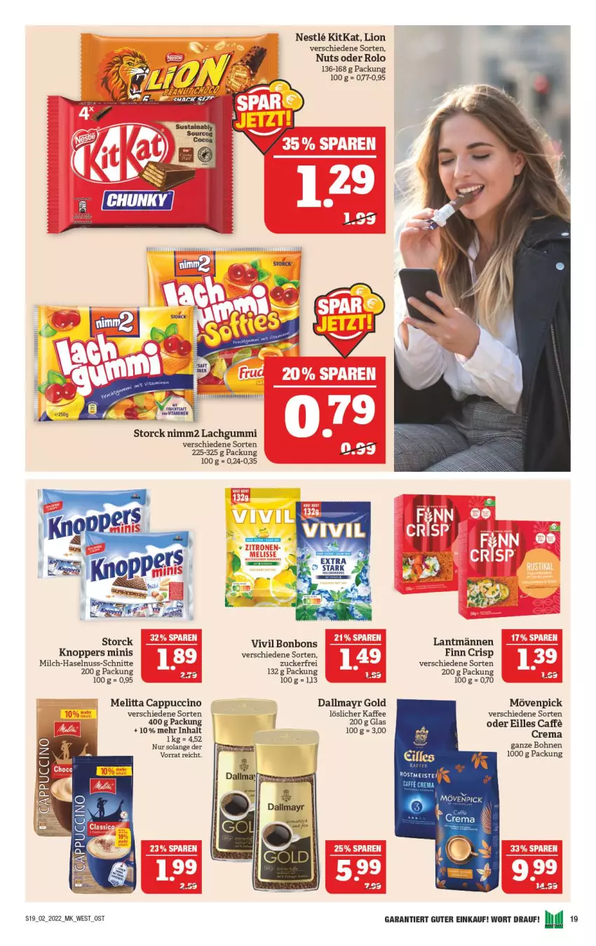 Aktueller Prospekt Marktkauf - Prospekt - von 09.01 bis 15.01.2022 - strona 23 - produkty: bohne, bohnen, bonbons, Cap, cappuccino, cin, dallmayr, dallmayr gold, eis, haselnuss, kaffee, kitkat, knoppers, lachgummi, lion, löslicher kaffee, melitta, milch, mövenpick, nimm2, nuss, storck, Ti, zucker