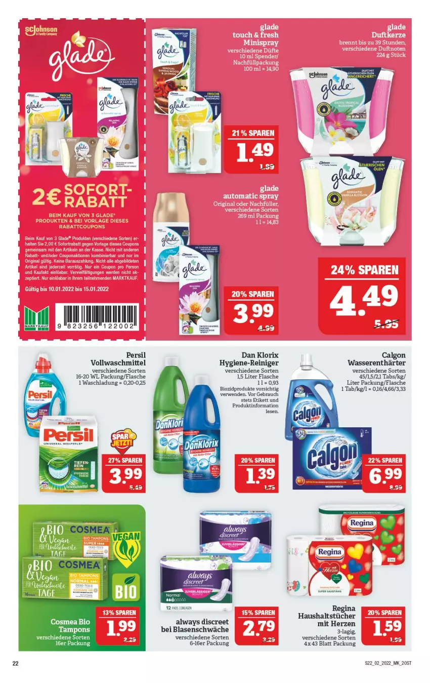 Aktueller Prospekt Marktkauf - Prospekt - von 09.01 bis 15.01.2022 - strona 26 - produkty: Alwa, Always, bio, biozidprodukte, calgon, cosmea, Discreet, flasche, gin, haushaltstücher, hygiene-reiniger, LG, persil, Rauch, reiniger, rwe, Tampon, tampons, Ti, tücher, vollwaschmittel, waschmittel, wasser, wasserenthärter