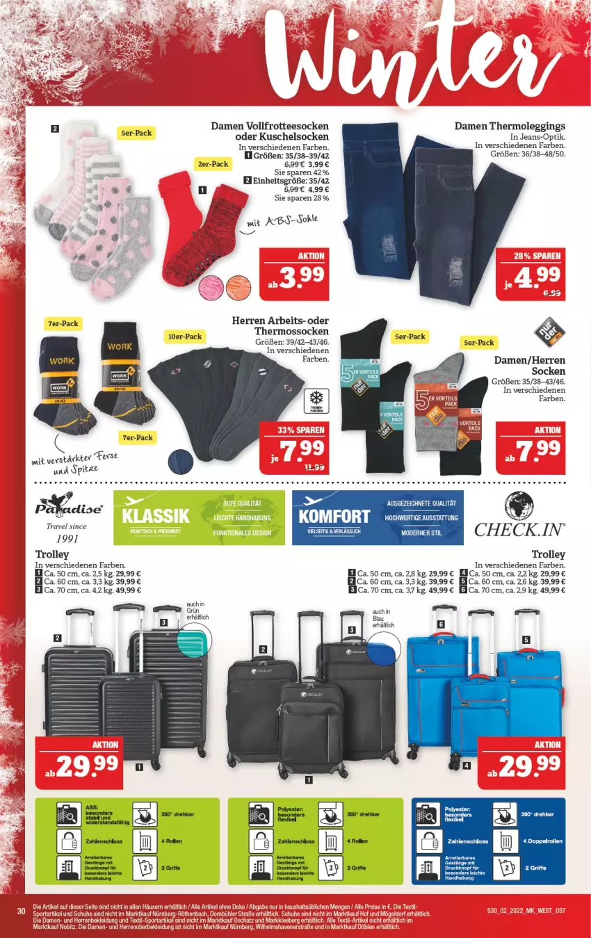 Aktueller Prospekt Marktkauf - Prospekt - von 09.01 bis 15.01.2022 - strona 34 - produkty: auer, gin, jeans, Kuschelsocken, leggings, socken, tee, Thermoleggings, Ti, trolley