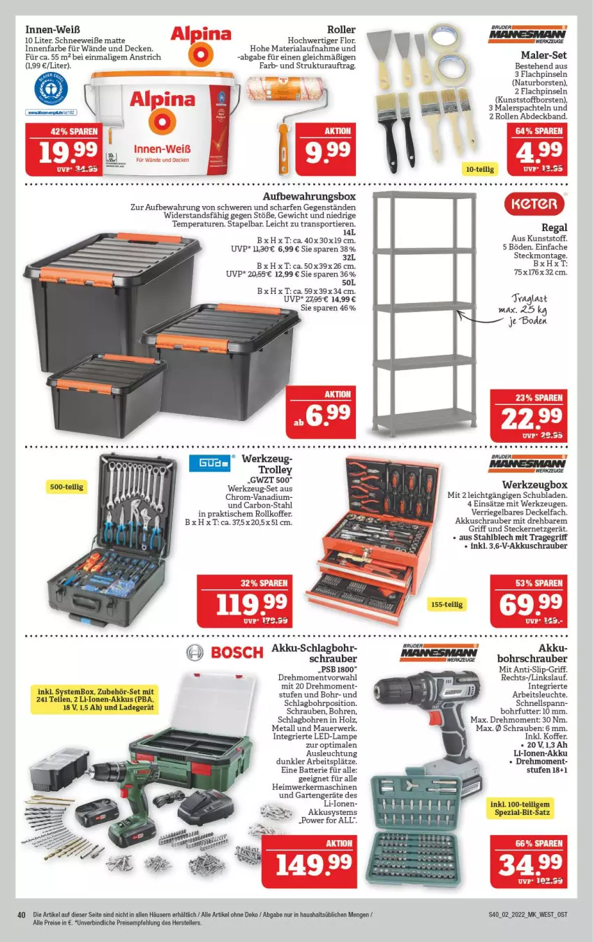 Aktueller Prospekt Marktkauf - Prospekt - von 09.01 bis 15.01.2022 - strona 44 - produkty: akku, akkuschrauber, Arbeitsleuchte, auer, batterie, Bohrschrauber, decke, Deckel, eis, elle, erde, Garten, Holz, HP, innenfarbe, koffer, Lampe, Leuchte, natur, Pinsel, regal, reis, Ria, riegel, Roller, rwe, schrauben, schubladen, slip, spachtel, Spezi, Sport, teller, Ti, Tiere, tisch, tragegriff, trolley, werkzeug, Werkzeugbox, werkzeuge