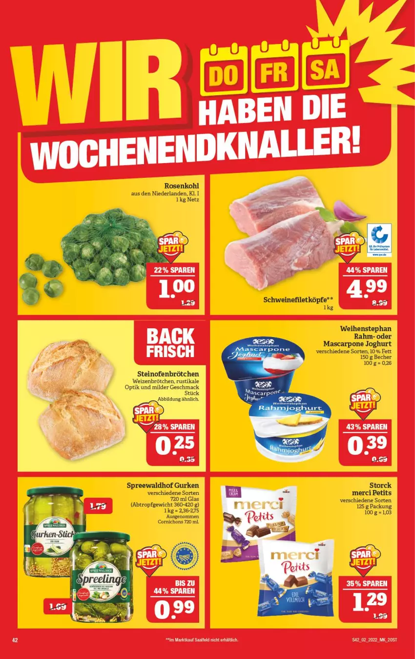 Aktueller Prospekt Marktkauf - Prospekt - von 09.01 bis 15.01.2022 - strona 46 - produkty: Becher, filet, gurke, gurken, joghur, joghurt, mascarpone, merci, rosen, Rosenkohl, schwein, schweine, schweinefilet, spreewaldhof, storck, Ti, weihenstephan, wein, weine