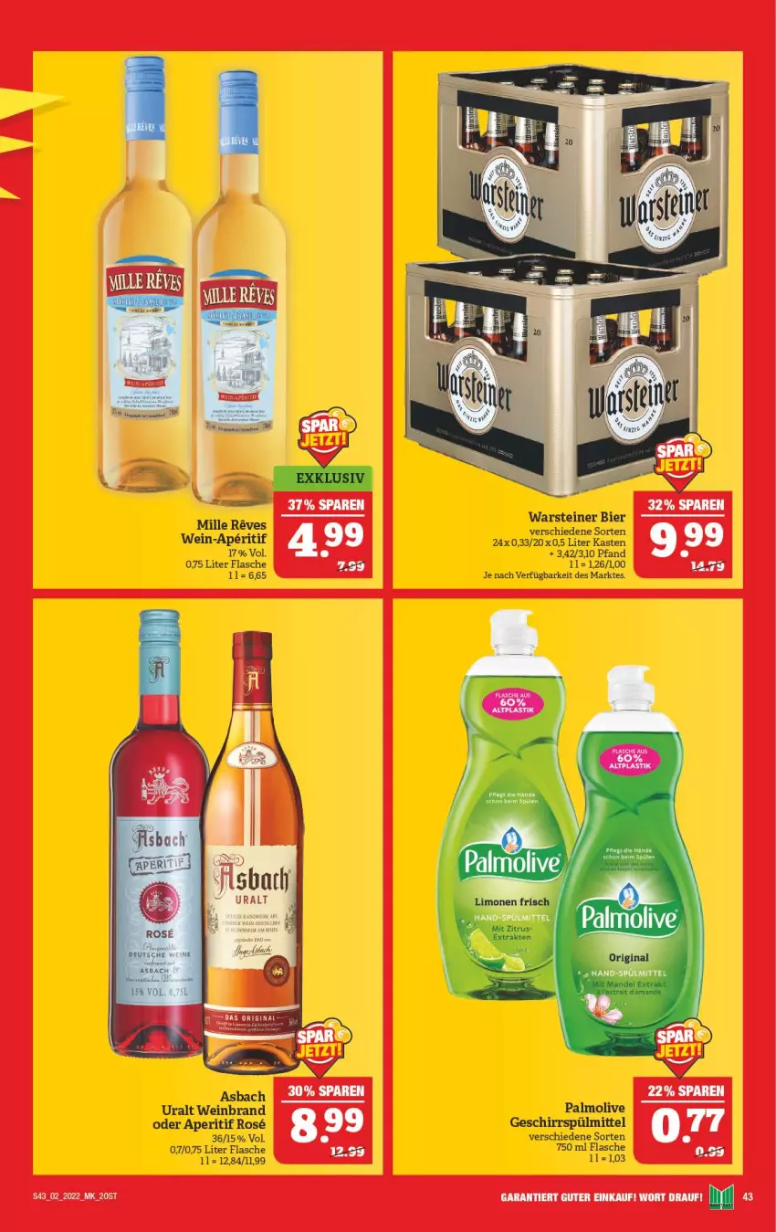 Aktueller Prospekt Marktkauf - Prospekt - von 09.01 bis 15.01.2022 - strona 47 - produkty: aperitif, asbach uralt, bier, flasche, geschirr, geschirrspülmittel, olive, palmolive, spülmittel, steiner, Ti, warsteiner, wein, weinbrand