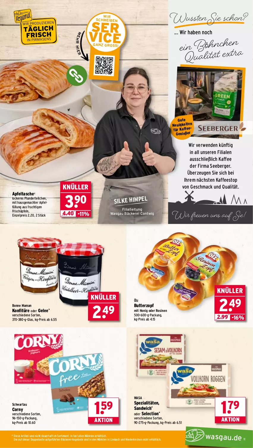Aktueller Prospekt Wasgau - von 07.07 bis 12.07.2025 - strona 11 - produkty: angebot, angebote, apfel, Apfeltasche, auer, Berger, bonne maman, butter, corny, eis, frucht, gelee, honig, kaffee, konfitüre, mac, mam, Plunder, reis, rwe, sandwich, Schwartau, seeberger, Spezi, Tasche, Ti, wasa
