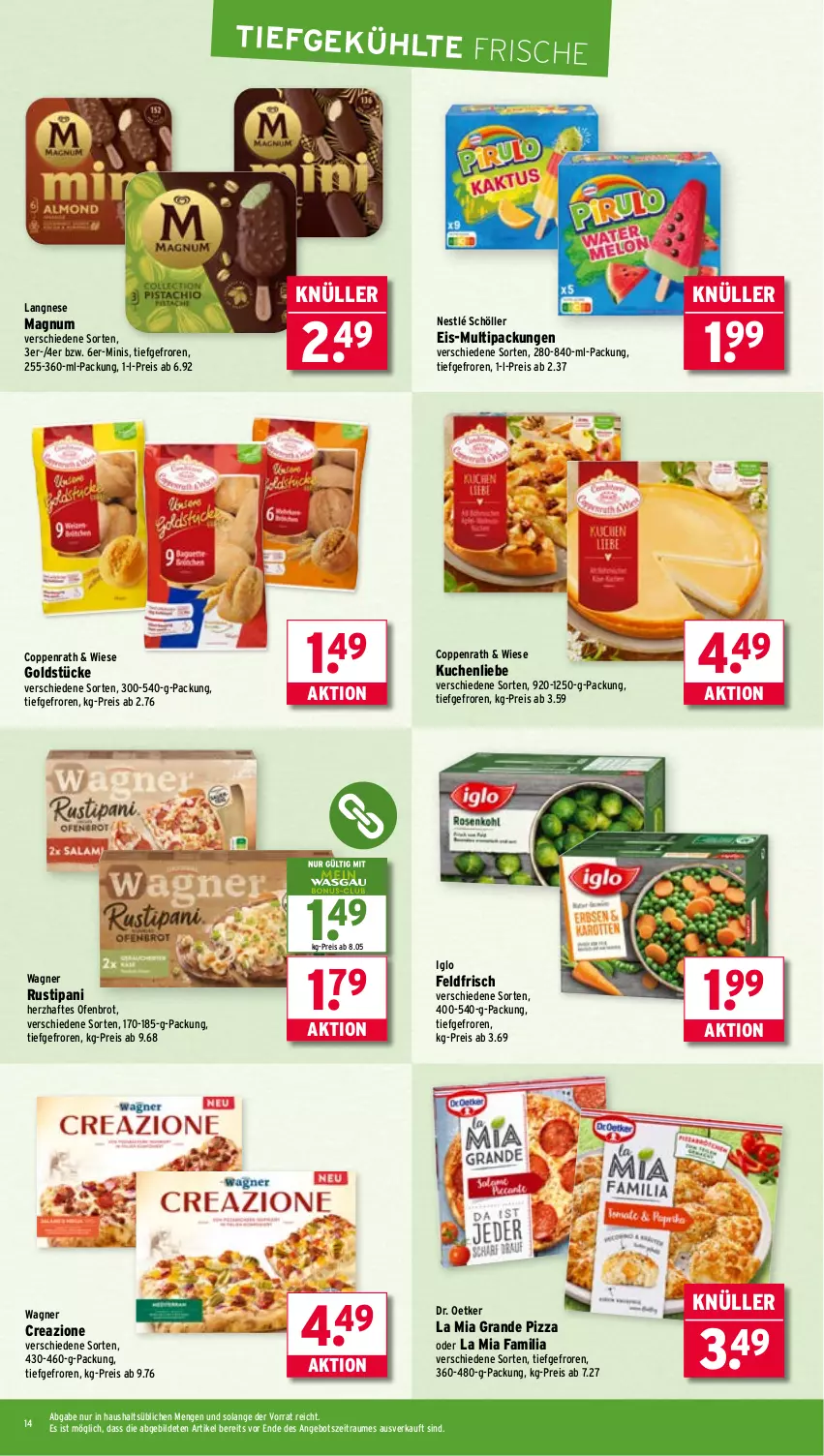 Aktueller Prospekt Wasgau - von 07.07 bis 12.07.2025 - strona 14 - produkty: angebot, brot, coppenrath, Dr. Oetker, eis, Goldstücke, iglo, kuchen, kuchenliebe, langnese, magnum, nestlé, nestlé schöller, Ofen, pizza, reis, rustipani, Schöller, Ti, wagner