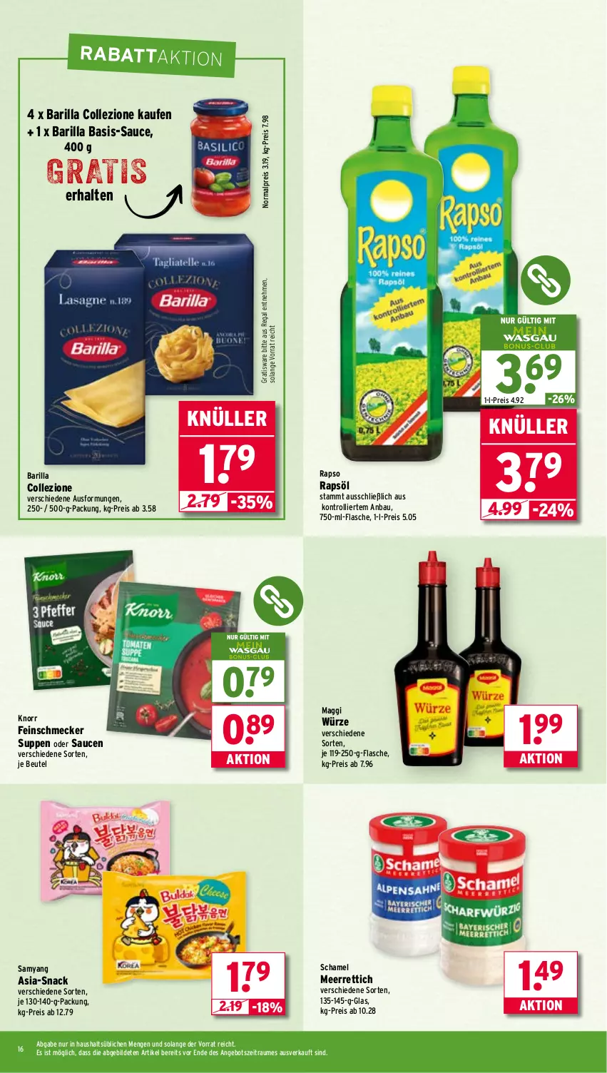 Aktueller Prospekt Wasgau - von 07.07 bis 12.07.2025 - strona 16 - produkty: angebot, barilla, Bau, beutel, eis, feinschmecker, flasche, knorr, maggi, maggi würze, meerrettich, rapso, rapsöl, regal, reis, Rettich, sauce, saucen, schamel, snack, suppe, suppen, Ti, trolli