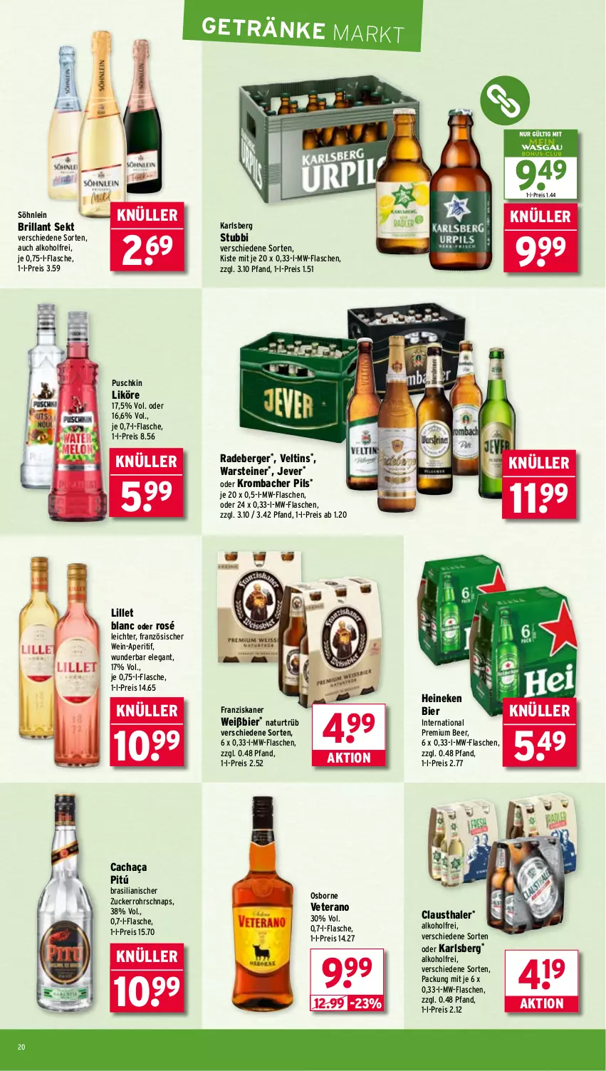 Aktueller Prospekt Wasgau - von 07.07 bis 12.07.2025 - strona 20 - produkty: alkohol, aperitif, aust, Berger, bier, brillant sekt, cachaça, clausthaler, eis, flasche, franziskaner, getränk, getränke, heineken, jever, karlsberg, krombache, krombacher, krombacher pils, likör, lillet, mw-flasche, natur, osborne, pils, radeberger, reis, sekt, söhnlein, söhnlein brillant, steiner, Ti, veltins, veterano, warsteiner, wein, zucker
