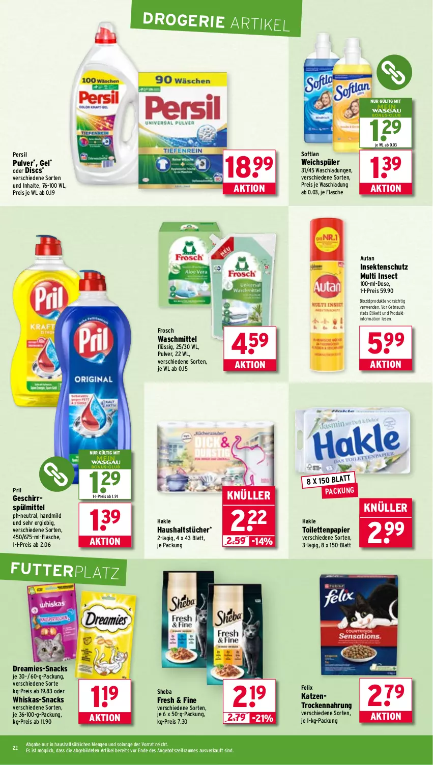 Aktueller Prospekt Wasgau - von 07.07 bis 12.07.2025 - strona 22 - produkty: angebot, Autan, bio, biozidprodukte, dreamies, eis, felix, flasche, Frosch, geschirr, geschirrspülmittel, hakle, hakle toilettenpapier, haushaltstücher, insektenschutz, papier, persil, pril, Rauch, reis, rwe, sekt, sheba, snack, snacks, Softlan, spülmittel, Ti, toilettenpapier, Trockennahrung, tücher, waschmittel, weichspüler, whiskas