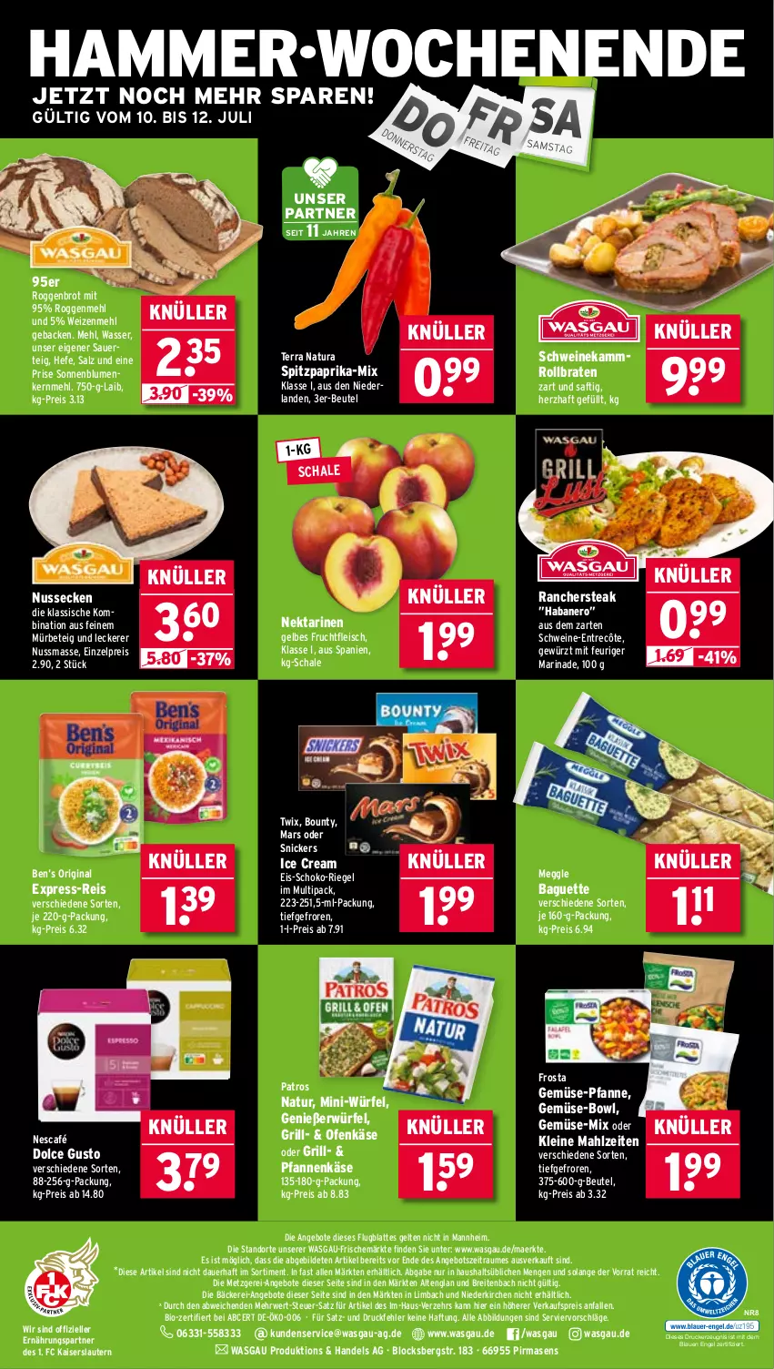 Aktueller Prospekt Wasgau - von 07.07 bis 12.07.2025 - strona 24 - produkty: angebot, angebote, auer, baguette, Ben’s Original, beutel, bio, blume, blumen, bounty, braten, Brei, brot, dolce gusto, drucker, eis, elle, Engel, entrecôte, express-reis, fleisch, frosta, frucht, fruchtfleisch, geback, gemüse-pfanne, gewürz, gin, grill, Hefe, Kaiser, Käse, kerze, latte, leine, marinade, mars, meggle, mehl, natur, natura, Nektar, nektarinen, nero, Nescafé, nuss, Ofen, Ofenkäse, paprika, patros, pfanne, pfannen, pfannenkäse, reis, riegel, rollbraten, rwe, saft, salz, Schal, Schale, schoko, schwein, schweine, snickers, sonnenblume, sonnenblumen, Spitzpaprika, steak, Ti, twix, wasser, wein, weine, weizenmehl, würfel