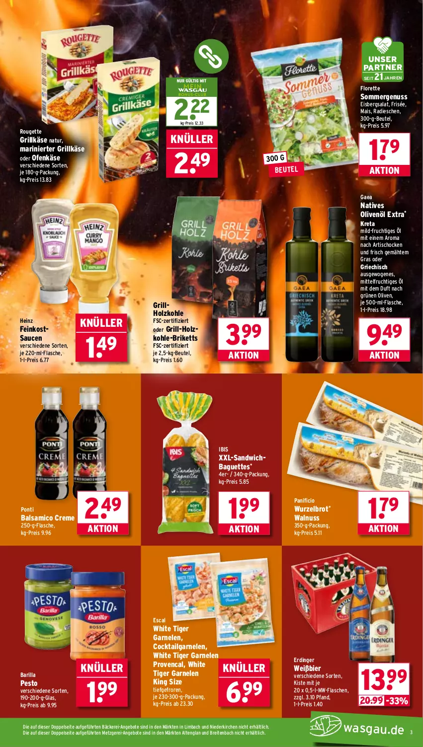 Aktueller Prospekt Wasgau - von 07.07 bis 12.07.2025 - strona 3 - produkty: angebot, angebote, Artischocken, baguette, baguettes, balsam, balsamico, barilla, beutel, bier, Brei, briketts, brot, cocktail, creme, eis, eisbergsalat, erdinger, escal, feinkost, flasche, florette, frucht, garnelen, grill, grillholzkohle, Grillkäse, heinz, Holz, holzkohle, je 500-ml-flasche, Käse, LG, mais, mw-flasche, natives olivenöl, natur, nuss, Ofen, Ofenkäse, olive, oliven, olivenöl, olivenöl extra, pesto, radieschen, reis, rouge, rougette, salat, sandwich, sauce, saucen, Ti, tisch, walnuss