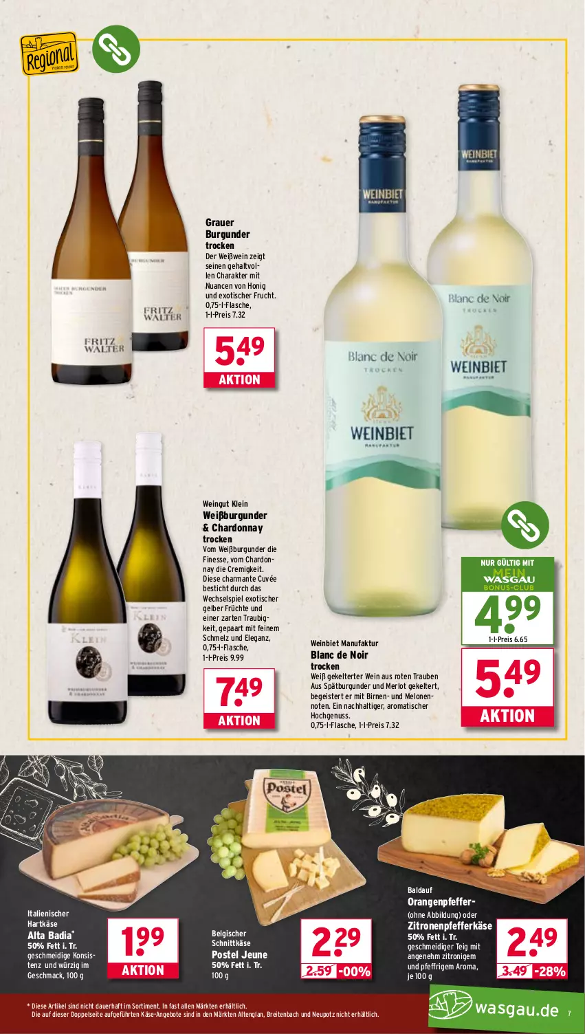 Aktueller Prospekt Wasgau - von 07.07 bis 12.07.2025 - strona 7 - produkty: angebot, angebote, auer, Bad, Birnen, Brei, burgunder, chardonnay, cuvée, eis, Faktu, finesse, flasche, frucht, früchte, grauer burgunder, harman, hartkäse, honig, italienischer hartkäse, Käse, LG, mac, melone, melonen, merl, merlot, Nuance, nuss, orange, orangen, pfeffer, reis, schnittkäse, spätburgunder, Ti, tisch, trauben, wein, Weißburgunder, Weißwein, zitrone, zitronen