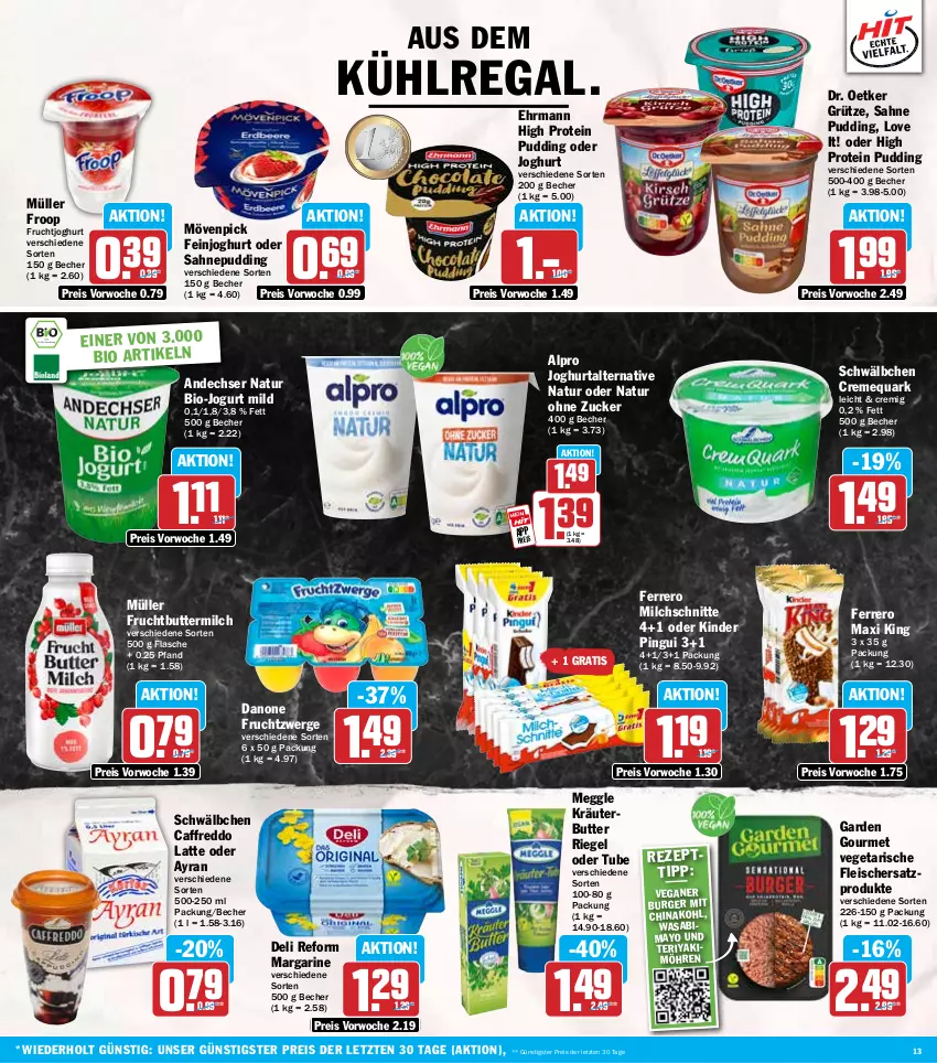 Aktueller Prospekt Hit - Wochenprospekt - von 26.05 bis 31.05.2025 - strona 13 - produkty: alpro, andechser natur, aus dem kühlregal, Ayran, Becher, bio, burger, butter, buttermilch, creme, danone, danone fruchtzwerge, deli reform, Dr. Oetker, ehrmann, eis, feinjoghurt, ferrero, flasche, fleisch, freddo, froop, frucht, fruchtjoghurt, fruchtzwerge, garden gourmet, grütze, joghur, joghurt, jogurt, Kinder, kinder pingui, kräuter, kräuterbutter, kühlregal, latte, margarine, meggle, milch, Milchschnitte, möhren, mövenpick, Müller, müller froop, natur, pingui, pudding, quark, regal, reis, riegel, sahne, Ti, Vegeta, wasa, Yo, ZTE, zucker
