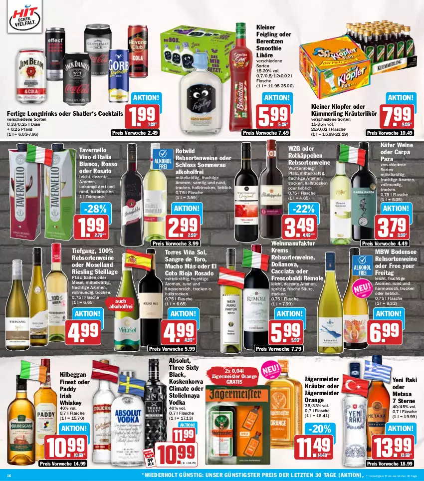Aktueller Prospekt Hit - Wochenprospekt - von 26.05 bis 31.05.2025 - strona 16 - produkty: ACC, aldi, alkohol, Bad, berentzen, cocktail, cocktails, drink, drinks, eis, ente, Faktu, finesse, flasche, frucht, Germ, irish whiskey, jägermeister, käfer, kilbeggan, kleiner feigling, kleiner klopfer, kräuter, kräuterlikör, lack, leine, likör, Meister, merl, Metaxa, moselland, orange, rebsortenweine, reis, riesling, rioja, rosato, rotkäppchen, smoothie, Three Sixty, Ti, vernel, vodka, wein, weine, whiskey, Wild, yeni raki, Yo, ZTE