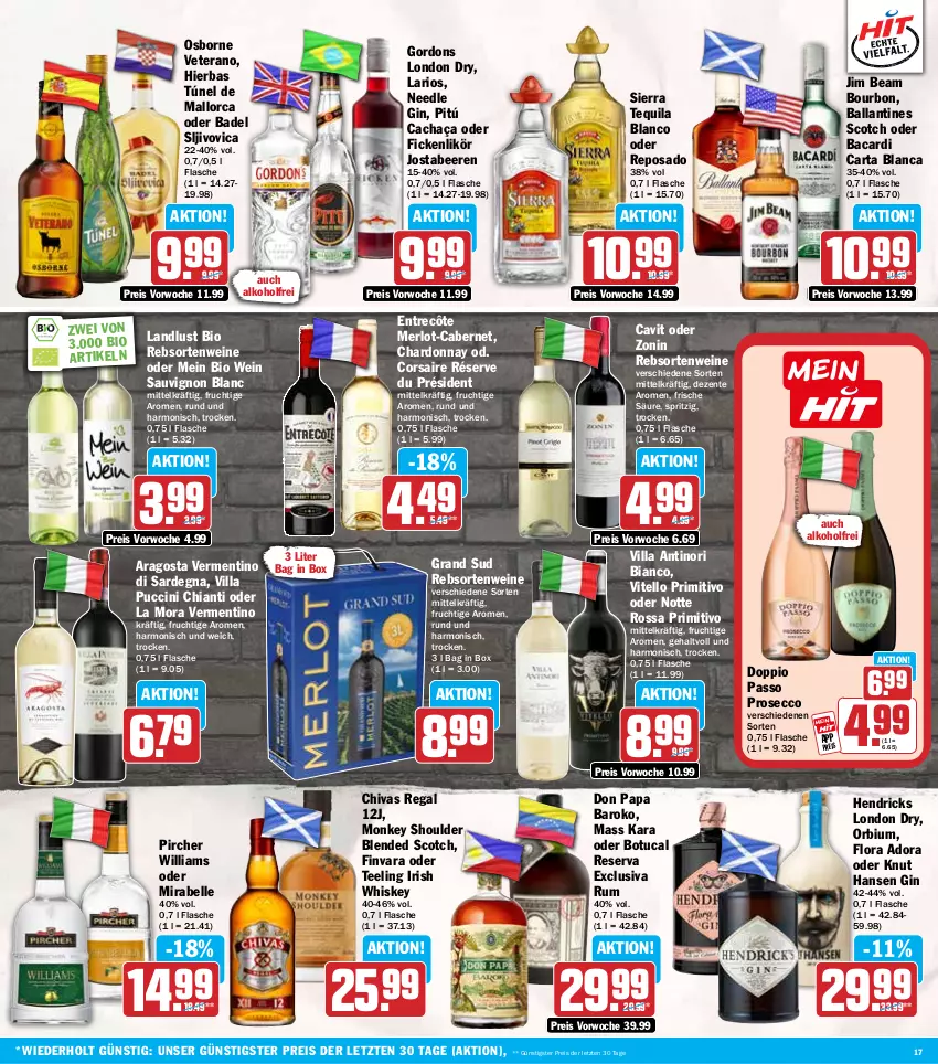 Aktueller Prospekt Hit - Wochenprospekt - von 26.05 bis 31.05.2025 - strona 17 - produkty: alkohol, bacardi, Bad, ball, beere, beeren, bio, blended scotch, bourbon, cabernet, cachaça, chardonnay, chia, chianti, cin, Corsaire, doppio passo, ecco, eis, elle, ente, entrecôte, flasche, frucht, gin, gordon, gordons, grand sud, irish whiskey, jim beam, likör, london dry, merl, merlot, osborne, passo, pircher, primitivo, prosecco, rebsortenweine, regal, reis, rum, sauvignon, sauvignon blanc, scotch, Sierra, sierra tequila, tee, tequila, Ti, tuc, veterano, wein, weine, whiskey, zonin, ZTE