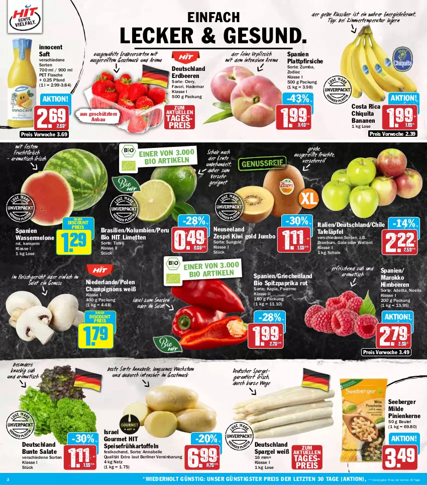Aktueller Prospekt Hit - Wochenprospekt - von 26.05 bis 31.05.2025 - strona 2 - produkty: auer, banane, bananen, Bau, beere, beeren, Berger, berliner, beutel, bio, bio hit, bunte salate, champignon, champignons, chiquita, deutscher spargel, discount, eis, Elan, elle, erdbeere, erdbeeren, flasche, fleisch, frucht, früchte, fruchtfleisch, Frühkartoffeln, himbeer, himbeere, himbeeren, Innocent, jumbo, kartoffel, kartoffeln, kiwi, Kiwi Gold, LG, limette, limetten, mac, melone, Mett, metten, nuss, paprika, paprika rot, pfirsich, pfirsiche, pinienkerne, plattpfirsiche, reis, saft, salat, salate, Schal, Schale, seeberger, snack, spargel, speisefrühkartoffeln, Spitzpaprika, tafeläpfel, Ti, tisch, wasser, wassermelone, Wella, zespri, ZTE