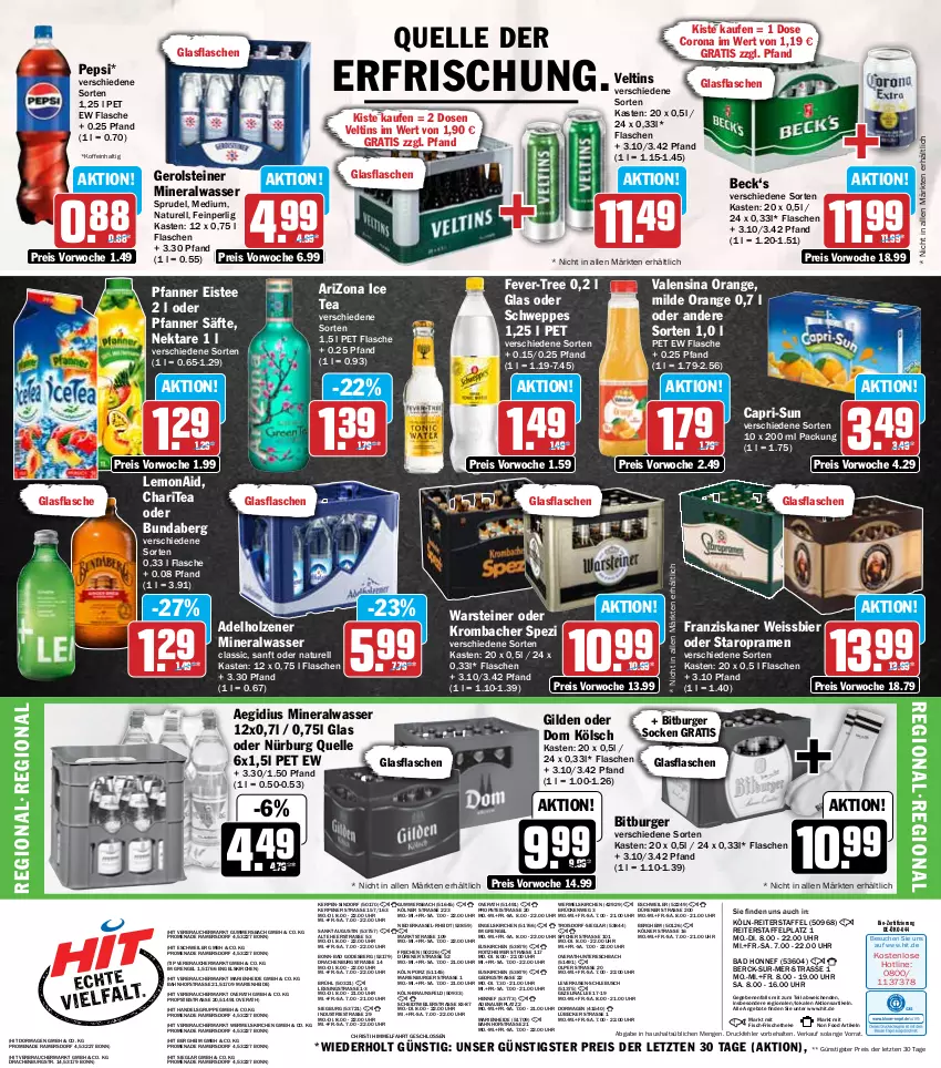 Aktueller Prospekt Hit - Wochenprospekt - von 26.05 bis 31.05.2025 - strona 22 - produkty: adelholzener, aeg, Alwa, angebot, angebote, auer, Bad, bier, bio, bitburger, braun, Bundaberg, burger, Cap, capri-sun, corona, eimer, eis, eistee, elle, Engel, fever-tree, fisch, flasche, franziskaner, gerolsteine, gerolsteiner, glasflasche, Holz, ice tea, krombache, krombacher, Lübecker, mineralwasser, Mineralwasser Classic, natur, Nektar, orange, pepsi, pfanne, Pfanner, Rauch, reis, rel, säfte, schweppes, socken, Spezi, Sprudel, Staropramen, steiner, tee, Ti, uhr, valensina, veltins, warsteiner, wasser, weissbier, ZTE