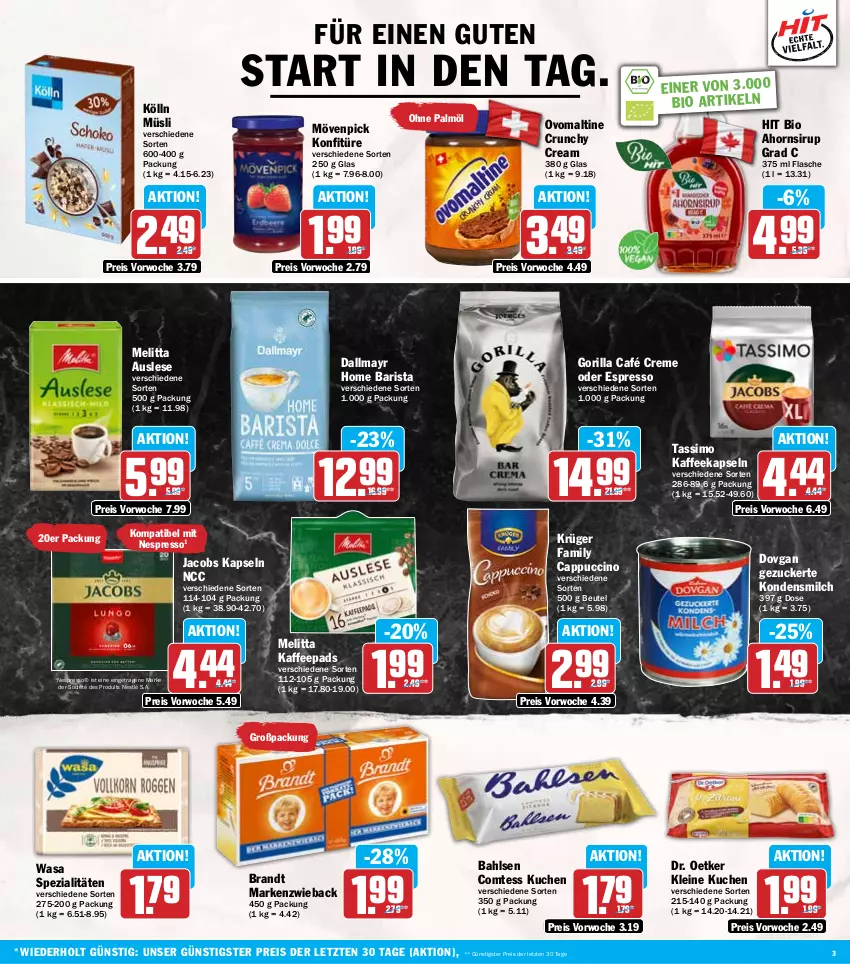Aktueller Prospekt Hit - Wochenprospekt - von 26.05 bis 31.05.2025 - strona 3 - produkty: bahlsen, beutel, bio, brandt, Cap, cappuccino, cin, comtess, comtess kuchen, creme, dallmayr, dovgan, Dr. Oetker, eis, espresso, flasche, jacobs, kaffee, kaffeekapseln, kaffeepads, kölln, kondensmilch, konfitüre, krüger, kuchen, leine, Markenzwieback, melitta, milch, mövenpick, müsli, nespresso, nestlé, oder espresso, ohne palmöl, ovomaltine, reis, sim, sirup, Spezi, tassimo, Ti, wasa, ZTE, zucker