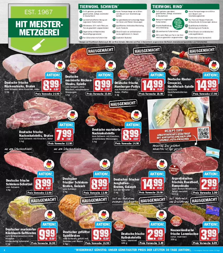 Aktueller Prospekt Hit - Wochenprospekt - von 26.05 bis 31.05.2025 - strona 8 - produkty: auer, bacon, Bau, Bauer, beef, bio, braten, burger, cevapcici, eis, ente, feta, fleisch, Geflügel, gewürz, gulasch, hackfleisch, hamburger, jungbullen, kalbskotelett, knoblauch, kotelett, küche, Küchen, lachs, lamm, lammlachse, Meister, milch, monitor, nackenkoteletts, natur, pfeffer, pute, reis, Ria, rind, rinder, rinderhackfleisch, rindfleisch, ring, roastbeef, Rückensteak, rückensteaks, rum, rumpsteak, saft, schinken, schinkenbraten, schnitzel, schwein, schweine, schweinenacken, spargel, Spezi, Sport, steak, steaks, Ti, Tiere, tisch, vom schweinenacken, wein, weine, ZTE