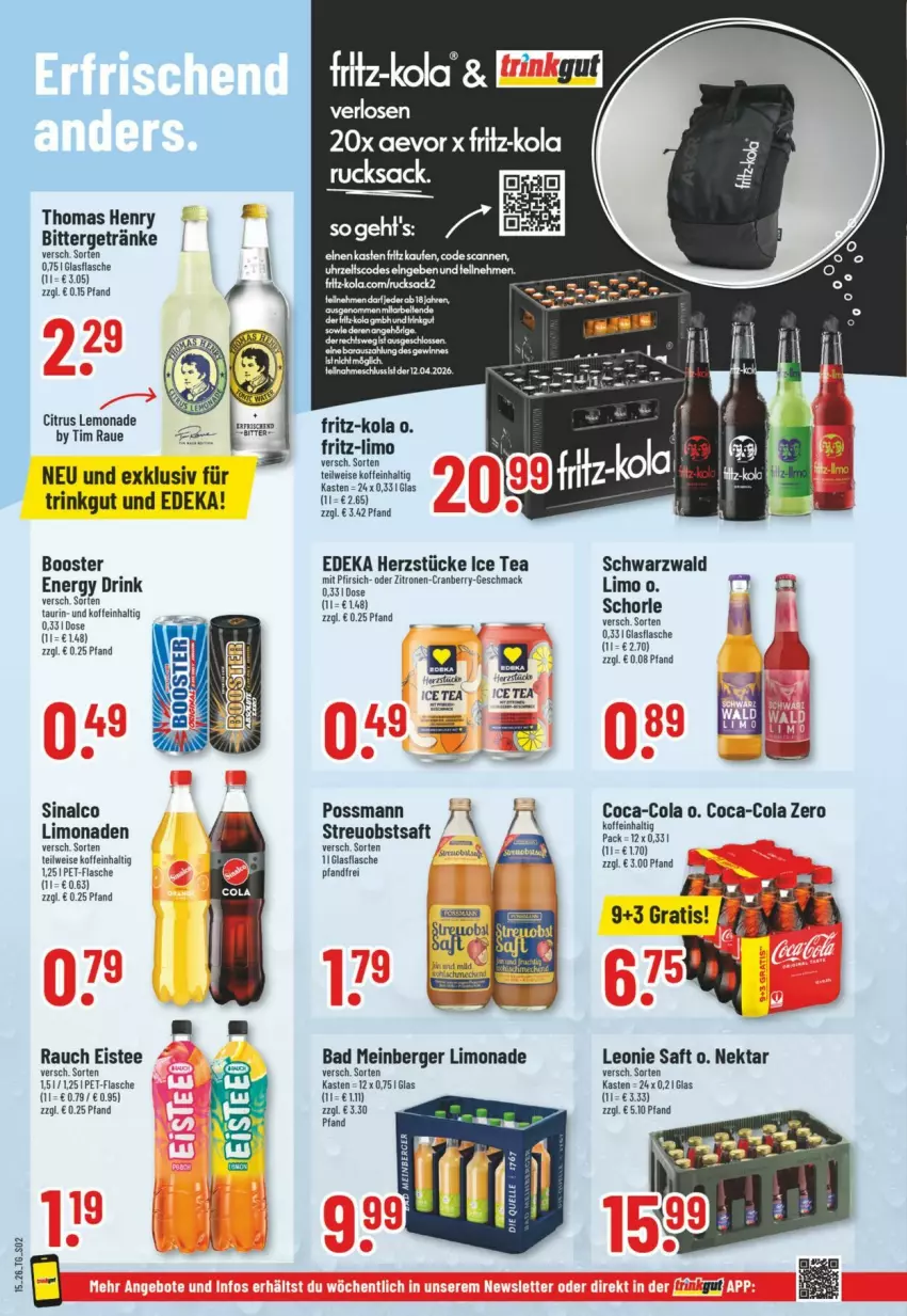 Aktueller Prospekt Trinkgut - Prospekte - von 05.04 bis 11.04.2026 - strona 2 - produkty: Bad, Berger, citrus, coca-cola, cola, cranberry, deka, drink, eis, eistee, energy drink, flasche, fritz, fritz-kola, getränk, getränke, glasflasche, ice tea, K2, lemonade, limo, limonade, limonaden, mac, Nektar, pet-flasche, pfirsich, Rauch, rucksack, sac, saft, sinalco, tee, thomas henry, Ti, zitrone, zitronen