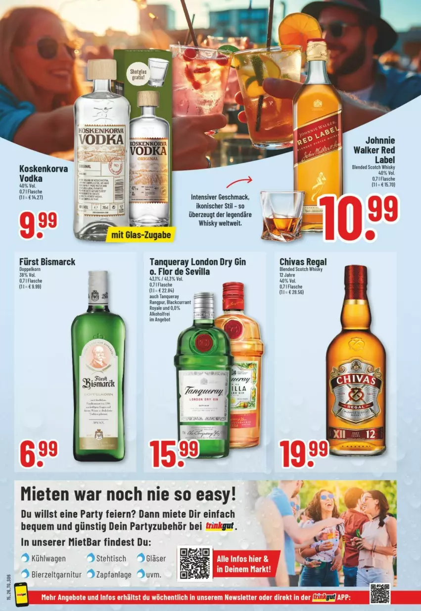 Aktueller Prospekt Trinkgut - Prospekte - von 05.04 bis 11.04.2026 - strona 8 - produkty: alkohol, angebot, bier, Bierzeltgarnitur, bismarck, blended scotch, blended scotch whisky, Currant, dry gin, eier, flasche, garnitur, gin, johnnie walker, lack, london dry, london dry gin, mac, regal, scotch, scotch whisky, Tanqueray, Ti, tisch, vodka, whisky, Zelt