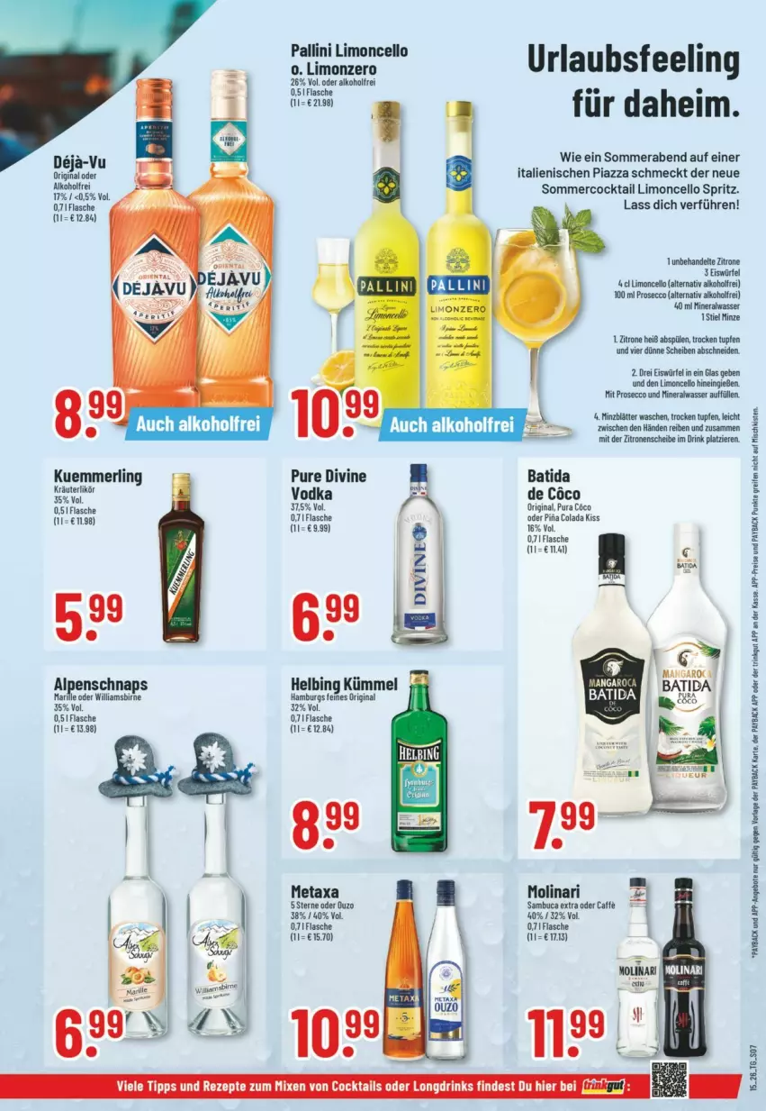 Aktueller Prospekt Trinkgut - Prospekte - von 05.04 bis 11.04.2026 - strona 9 - produkty: alkohol, Alwa, batida, bsf, caffe, cocktail, cocktails, cola, drink, drinks, ecco, eis, eiswürfel, flasche, gin, kräuter, kräuterlikör, kuemmerling, likör, limo, merl, Metaxa, mineralwasser, minze, Molinari, ouzo, payback, prosecco, reifen, reis, rezept, rezepte, sambuca, Spülen, Ti, wasser, würfel, zitrone, zitronen