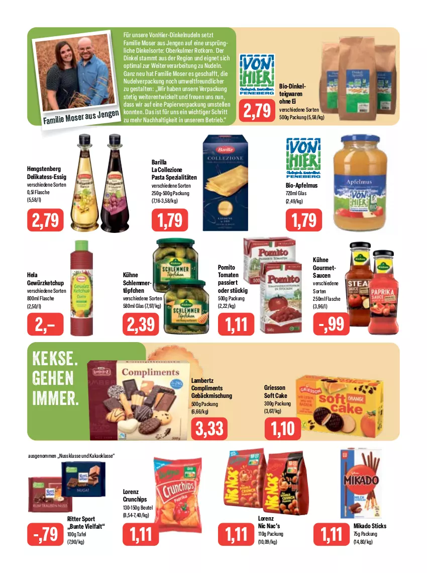 Aktueller Prospekt Feneberg - Prospekte - von 09.06 bis 10.06.2023 - strona 11 - produkty: Amber, apfel, apfelmus, barilla, beutel, bio, chips, crunchips, delikatess-essig, elle, essig, flasche, gebäckmischung, gewürz, gewürzketchup, griesson, Hela, hengstenberg, kakao, keks, kekse, ketchup, korn, Kühne, lambertz, lorenz, lorenz crunchips, mikado, moser, nudel, nudeln, nuss, papier, pasta, pomito, ritter, ritter sport, sauce, saucen, schlemmertöpfchen, Spezi, Sport, teigwaren, Ti, tomate, tomaten, Tomaten Passiert, Töpfchen, WICK