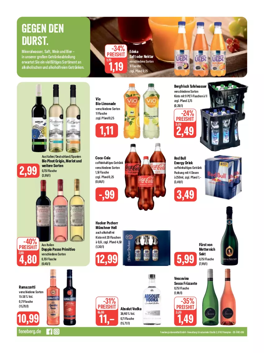 Aktueller Prospekt Feneberg - Prospekte - von 09.06 bis 10.06.2023 - strona 16 - produkty: Absolut Vodka, Abtei, alkohol, Alwa, bier, bio, coca-cola, coffein, cola, deka, doppio passo, drink, ecco, eis, energy drink, flasche, frizzante, fürst von metternich, getränk, getränke, hacker pschorr, lebensmittel, limo, limonade, merl, merlot, Mett, metternich, mineralwasser, Nektar, passo, pet-flasche, pet-flaschen, Pinot, pinot grigio, primitivo, rama, ramazzott, ramazzotti, red bull, reis, saft, sekt, Ti, vescovino, vodka, wasser, wein, zott