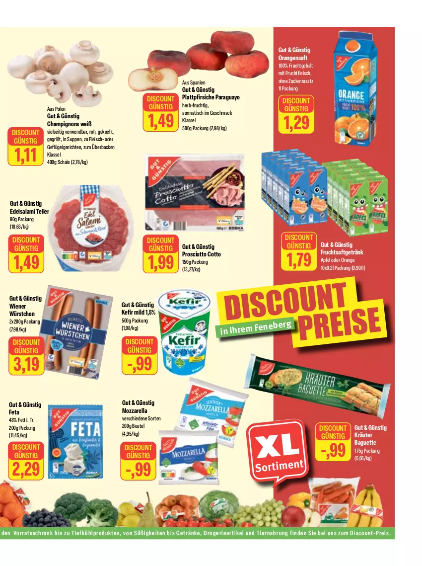 Aktueller Prospekt Feneberg - Prospekte - von 09.06 bis 10.06.2023 - strona 9 - produkty: apfel, baguette, beutel, champignon, champignons, discount, Edelsalami, eis, elle, feta, fleisch, frucht, fruchtfleisch, fruchtsaft, fruchtsaftgetränk, Geflügel, getränk, getränke, grill, Kefir, kräuter, LG, mac, mit frucht, mozzarella, orange, orangen, orangensaft, pfirsich, pfirsiche, plattpfirsiche, prosciutto, prosciutto cotto, reis, rel, rwe, saft, salami, Schal, Schale, Schrank, suppe, suppen, teller, Ti, tiernahrung, tisch, vorratsschrank, wiener, wiener würstchen, würstchen, Yo, zucker