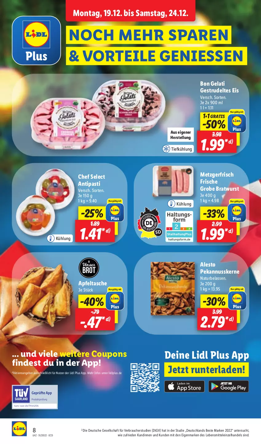 Aktueller Prospekt Lidl - Aktionsprospekt - von 19.12 bis 24.12.2022 - strona 10 - produkty: alesto, angebot, antipasti, apfel, Apfeltasche, asti, Bon Gelati, bratwurst, brot, coupon, coupons, eis, grobe bratwurst, lebensmittel, natur, nuss, Rauch, Strudel, Tasche, Ti, wurst