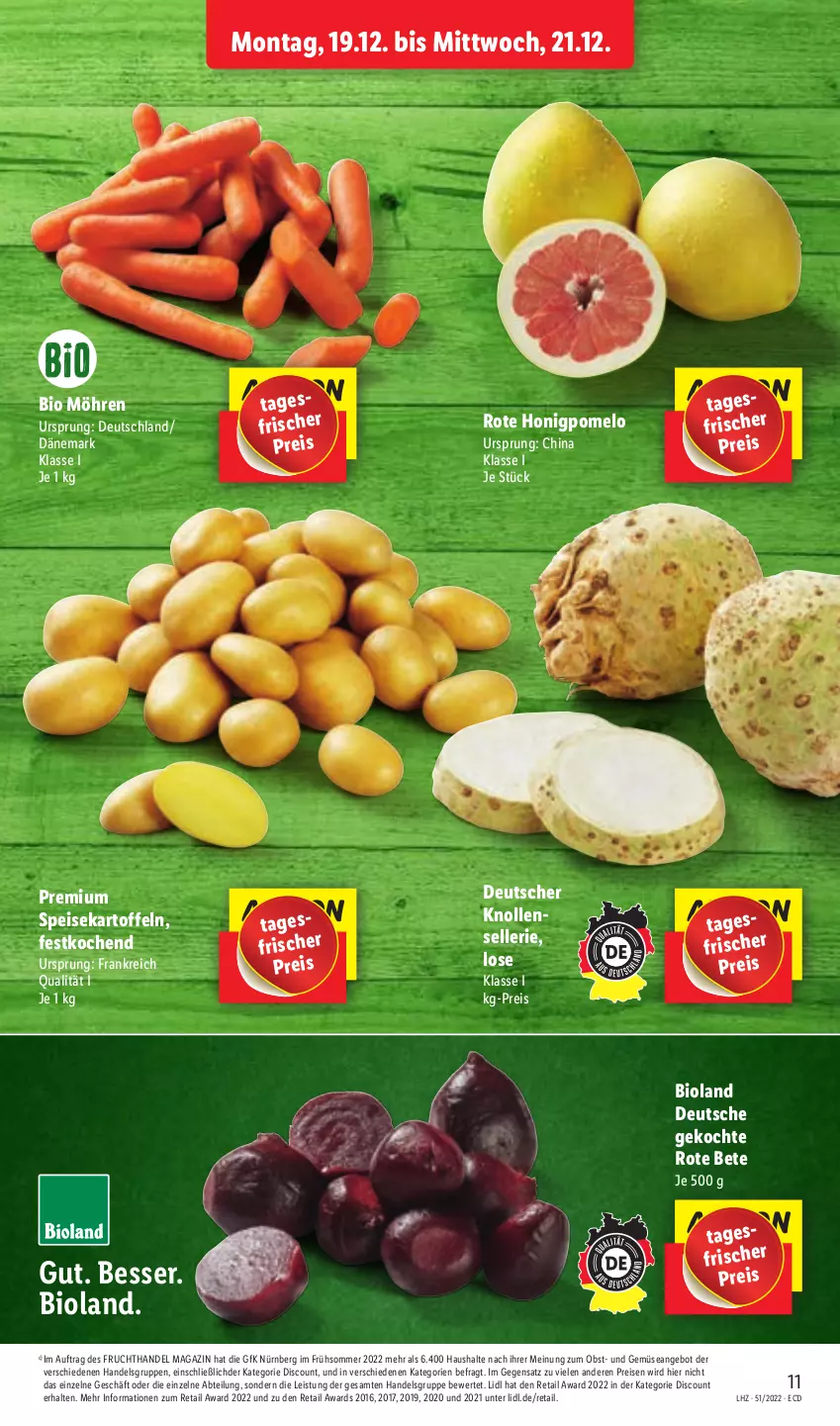 Aktueller Prospekt Lidl - Aktionsprospekt - von 19.12 bis 24.12.2022 - strona 13 - produkty: Abtei, angebot, bio, bioland, discount, eis, elle, frucht, honig, Honigpomelo, kartoffel, kartoffeln, magazin, möhren, obst, Pomelo, reis, rote bete, speisekartoffeln, Ti, und gemüse