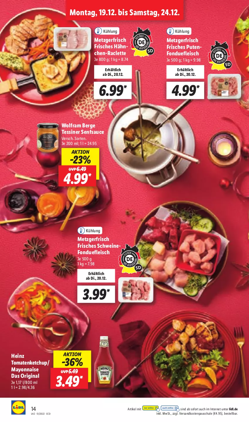 Aktueller Prospekt Lidl - Aktionsprospekt - von 19.12 bis 24.12.2022 - strona 16 - produkty: eis, fleisch, Fondue, gin, heinz, ketchup, mayonnaise, ndk, pute, sauce, Schal, Schale, schwein, schweine, senf, Ti, tomate, tomaten, tomatenketchup, wein, weine, Yo