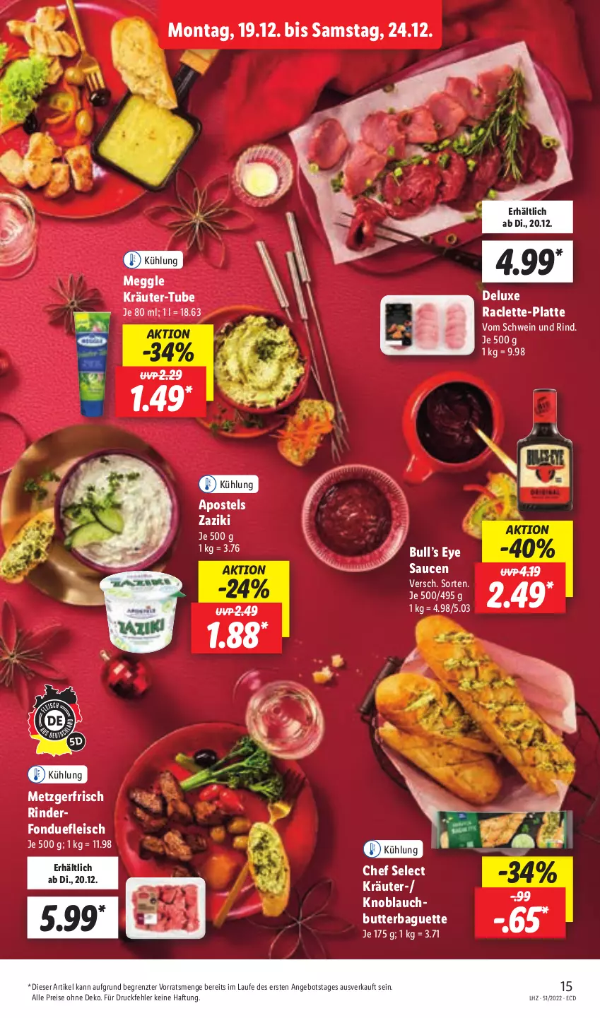 Aktueller Prospekt Lidl - Aktionsprospekt - von 19.12 bis 24.12.2022 - strona 17 - produkty: angebot, apostels, baguette, butter, eis, fleisch, Fondue, knoblauch, Knoblauchbutter, kräuter, latte, meggle, reis, rind, rinder, sauce, saucen, schwein, schwein und rind, Ti, vom schwein und rind, wein, zaziki, ZTE