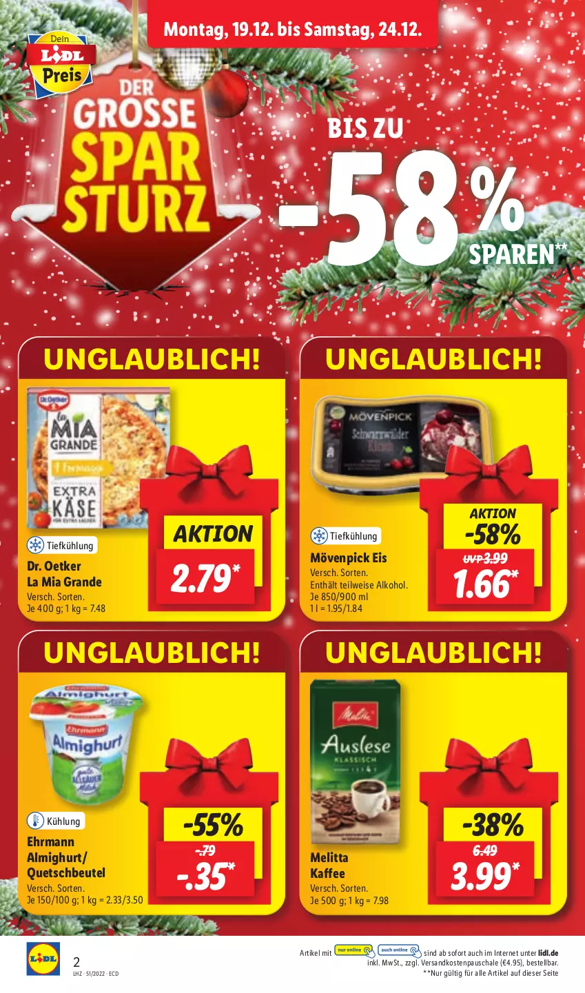 Aktueller Prospekt Lidl - Aktionsprospekt - von 19.12 bis 24.12.2022 - strona 2 - produkty: alkohol, almighur, almighurt, beutel, Dr. Oetker, ehrmann, ehrmann almighurt, eis, kaffee, melitta, mövenpick, mövenpick eis, ndk, quetschbeutel, Schal, Schale, Ti