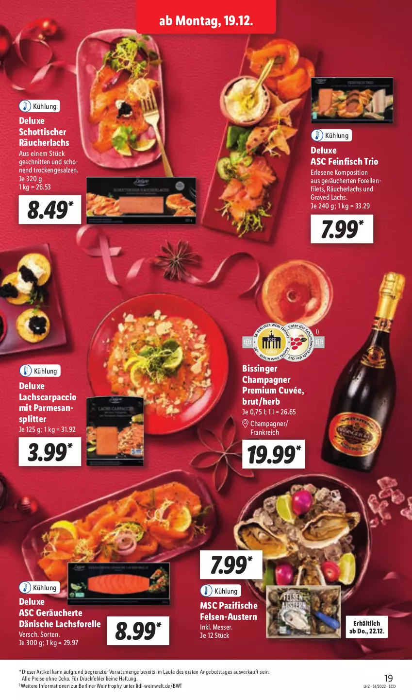 Aktueller Prospekt Lidl - Aktionsprospekt - von 19.12 bis 24.12.2022 - strona 21 - produkty: ACC, angebot, aust, Austern, berliner, brut, Carpaccio, champagne, champagner, cuvée, eis, elle, filet, filets, fisch, fische, forelle, Graved Lachs, lachs, messer, Räucherlachs, reis, rel, salz, schnitten, schott, Ti, tisch, wein, ZTE