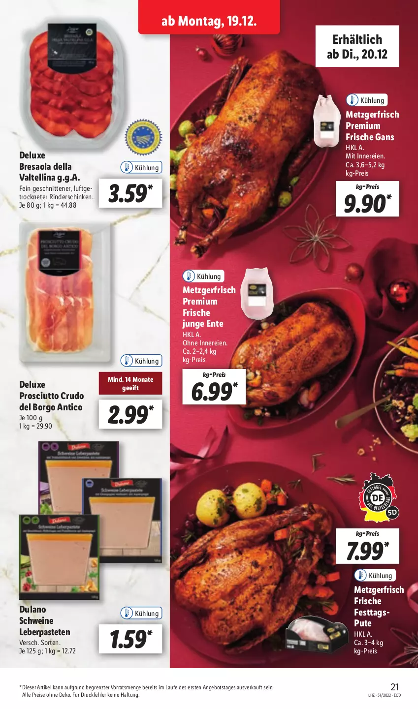 Aktueller Prospekt Lidl - Aktionsprospekt - von 19.12 bis 24.12.2022 - strona 23 - produkty: angebot, Bresaola, dell, dulano, eis, ente, Frische Gans, pastete, prosciutto, prosciutto crudo, pute, reis, resa, rind, rinder, schinken, schnitten, schwein, schweine, Ti, wein, weine, ZTE