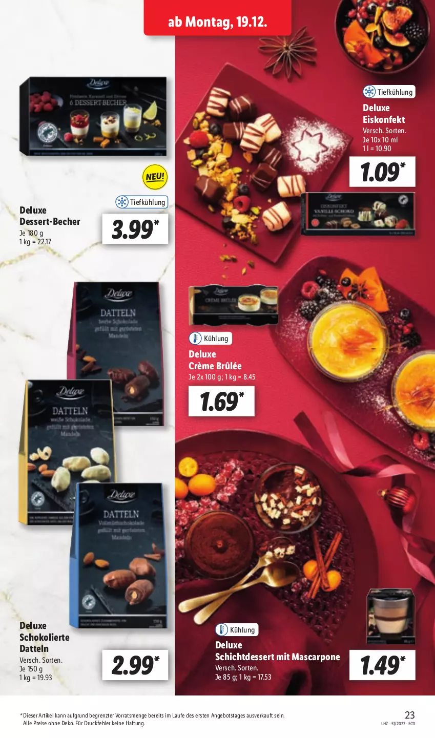 Aktueller Prospekt Lidl - Aktionsprospekt - von 19.12 bis 24.12.2022 - strona 25 - produkty: angebot, Becher, Crème Brûlée, Datteln, dessert, eis, eiskonfekt, mascarpone, reis, schoko, Ti, ZTE