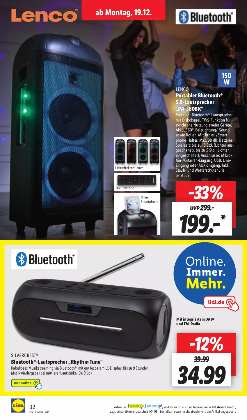 Aktueller Prospekt Lidl - Aktionsprospekt - von 19.12 bis 24.12.2022 - strona 34 - produkty: akku, batterie, beleuchtung, bluetooth®-lautsprecher, eier, Kugel, lautsprecher, lenco, ndk, Radio, Schal, Schale, schutzhülle, silvercrest, smartphone, tablet, Ti, usb