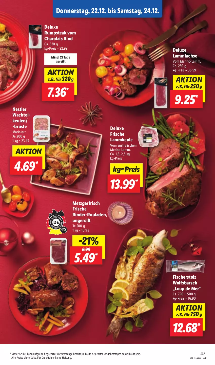 Aktueller Prospekt Lidl - Aktionsprospekt - von 19.12 bis 24.12.2022 - strona 49 - produkty: angebot, aust, eis, fisch, fische, Fischer, lachs, lamm, lammkeule, lammlachse, reis, rind, rinder, rinder-rouladen, rouladen, rum, rumpsteak, steak, Ti, wolfsbarsch, ZTE