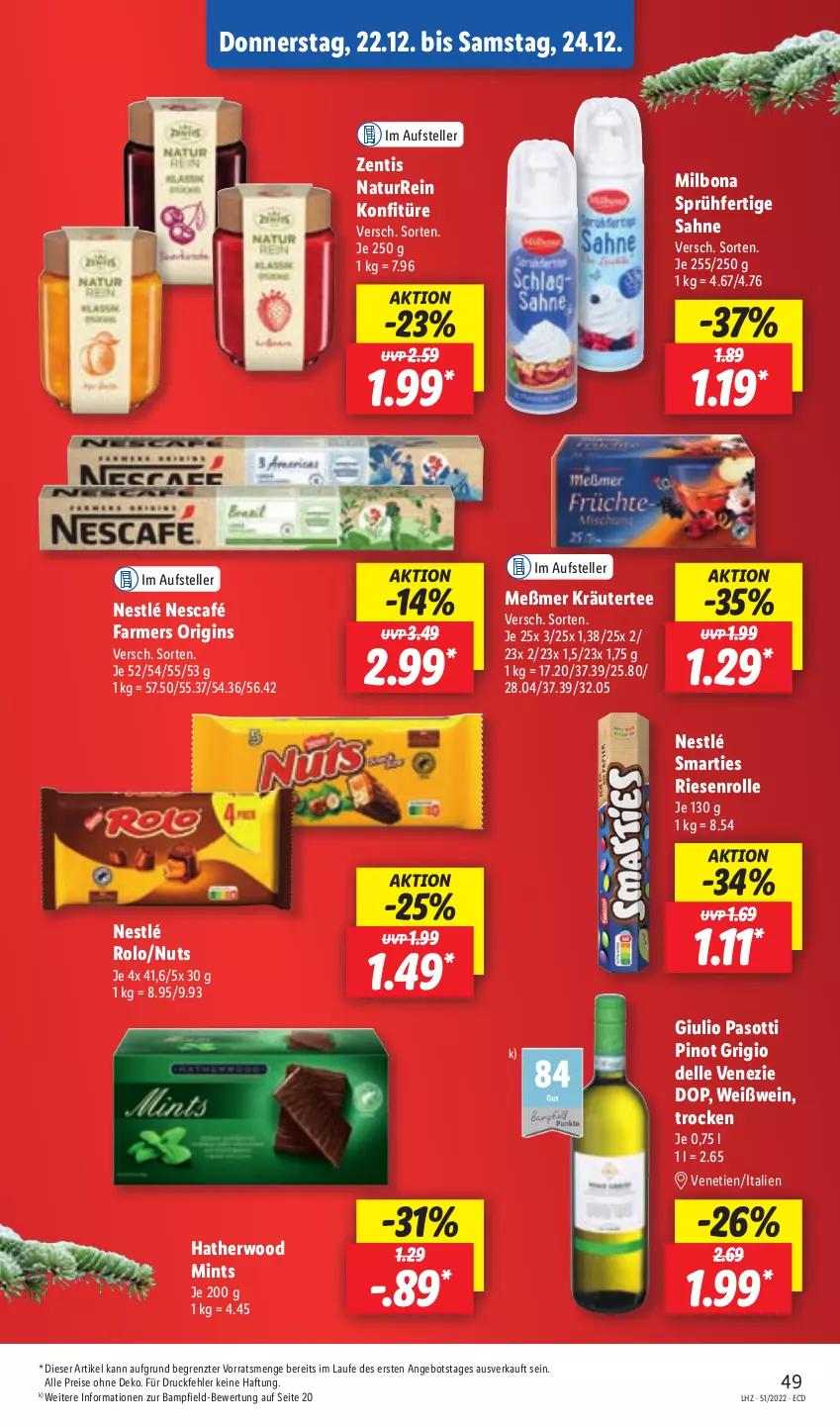 Aktueller Prospekt Lidl - Aktionsprospekt - von 19.12 bis 24.12.2022 - strona 51 - produkty: angebot, Bona, dell, eis, elle, gin, konfitüre, kräuter, Meßmer, Milbona, mint, natur, Nescafé, nestlé, Pinot, pinot grigio, reis, sahne, smarties, tee, teller, Ti, wein, Weißwein, zentis, ZTE