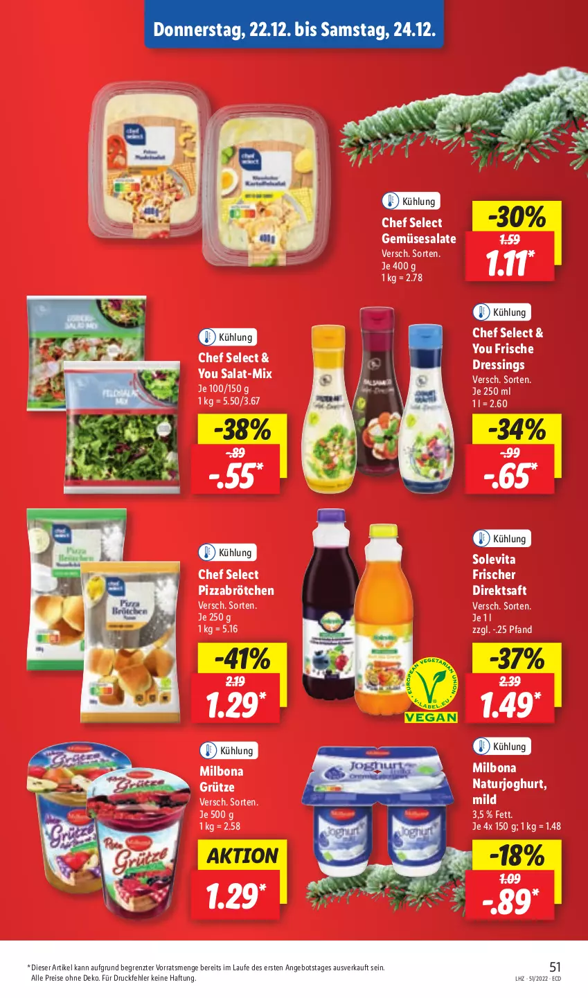 Aktueller Prospekt Lidl - Aktionsprospekt - von 19.12 bis 24.12.2022 - strona 53 - produkty: angebot, Bona, brötchen, direktsaft, dressing, eis, grütze, joghur, joghurt, Milbona, natur, naturjoghurt, pizza, reis, saft, salat, salate, Ti, vita, Yo, ZTE