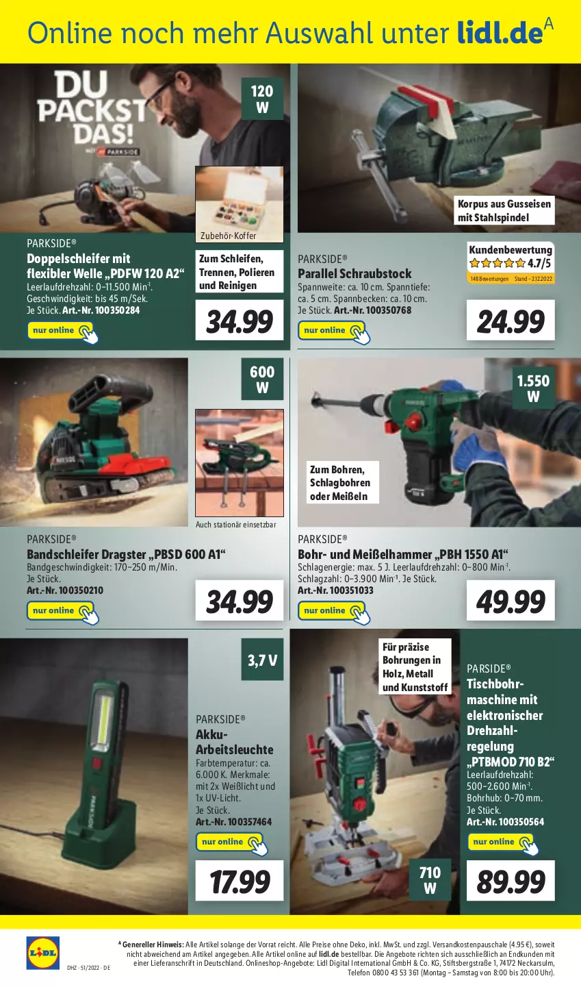 Aktueller Prospekt Lidl - Aktionsprospekt - von 19.12 bis 24.12.2022 - strona 56 - produkty: akku, angebot, angebote, Arbeitsleuchte, Bandschleifer, eis, Elektro, elle, Holz, koffer, Leuchte, ndk, Parkside, reis, rel, Schal, Schale, telefon, Ti, tisch, Tischbohrmaschine, uhr