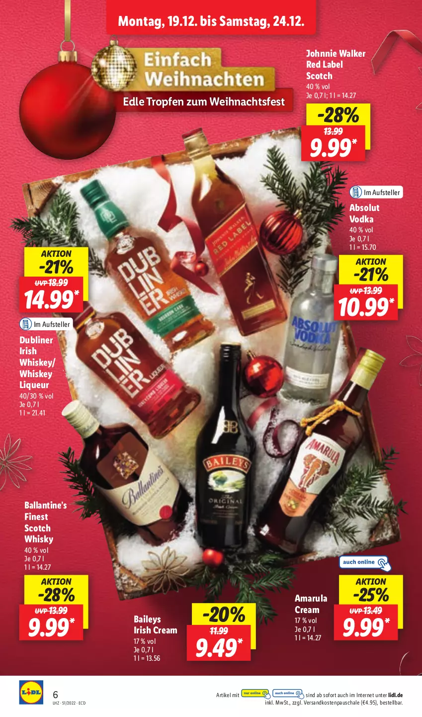 Aktueller Prospekt Lidl - Aktionsprospekt - von 19.12 bis 24.12.2022 - strona 6 - produkty: Absolut Vodka, amarula, baileys, ball, elle, irish cream, irish whiskey, johnnie walker, liqueur, ndk, Schal, Schale, scotch, scotch whisky, teller, Ti, vodka, whiskey, whisky